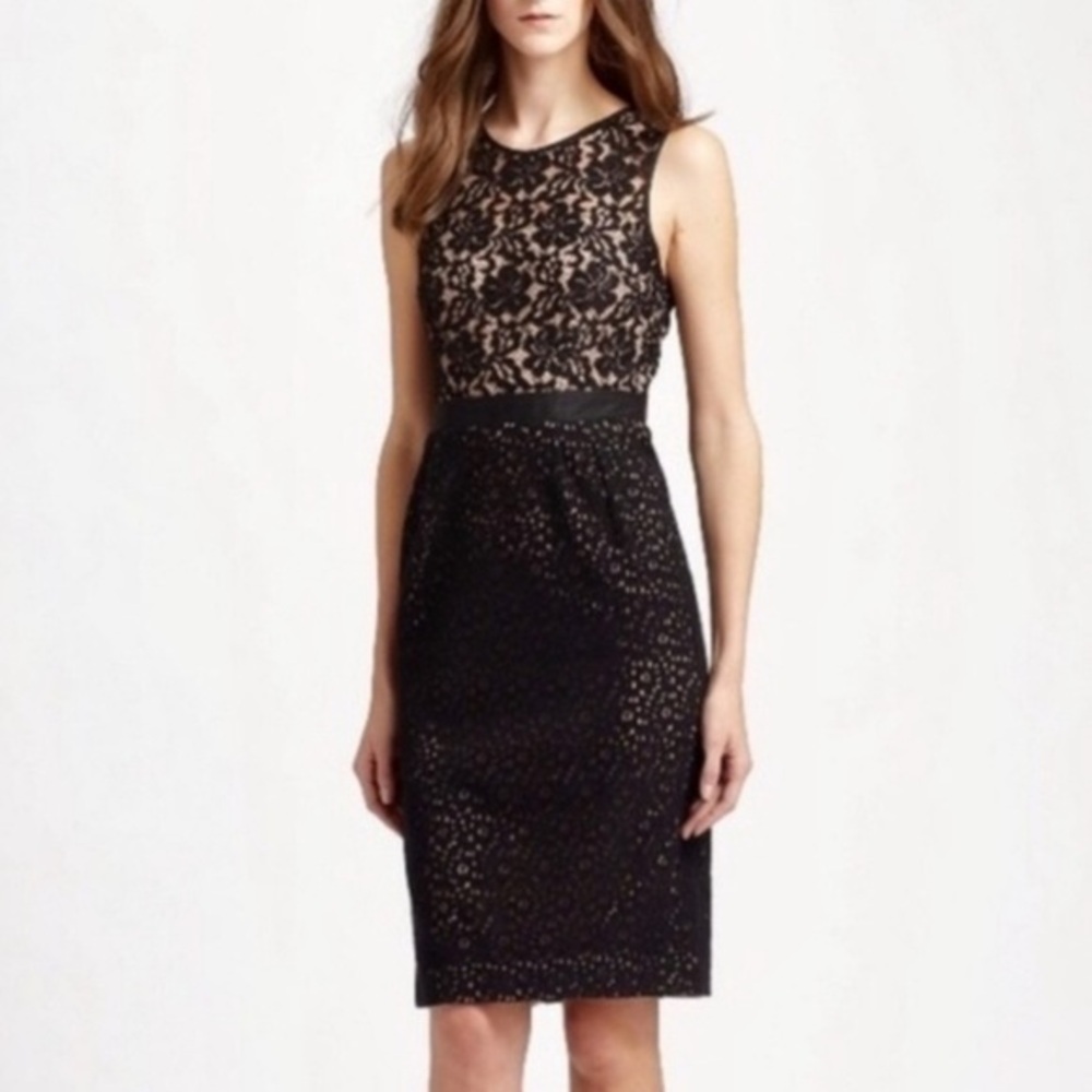 BCBG Max Azria Alice  Black Lace Illusion Sleeveless Crew Neck Sheath Dress Sz 8